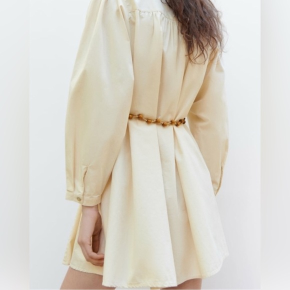 ZARA Sz L Collared Cream Shirt Dress Eyelet Lace Front Puff Sleeves Beaded Belt - Picture 13 of 14